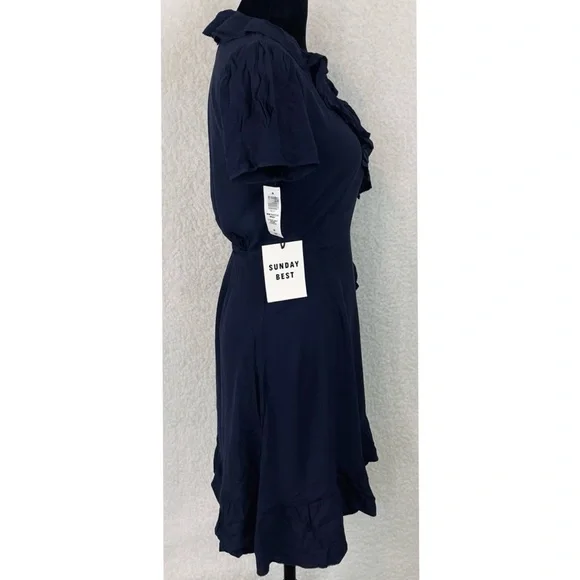 (NWT) SUNDAY BEST • Aritzia Navy Blue Savoy Ruffle Wrap Mini Dress, S - Picture 11 of 16